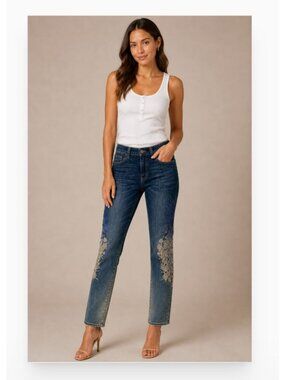 Save The Queen Jeans Womens 28 Blue Floral Lace Skinny Denim Studded Italy